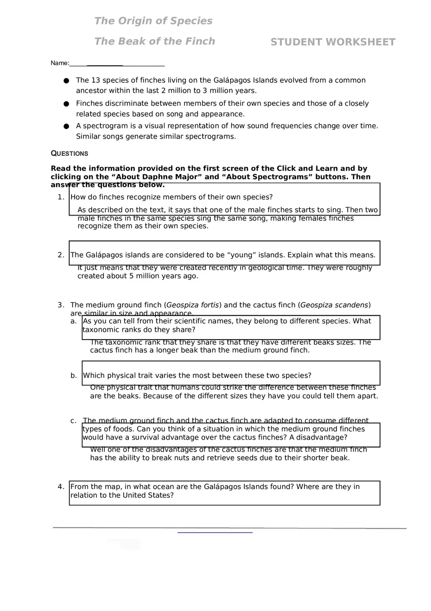 Finch Species Worksheet 2020 - Page 1