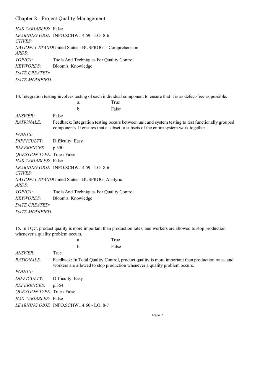 Chapter 8 Project Quality Management True False - Page 7