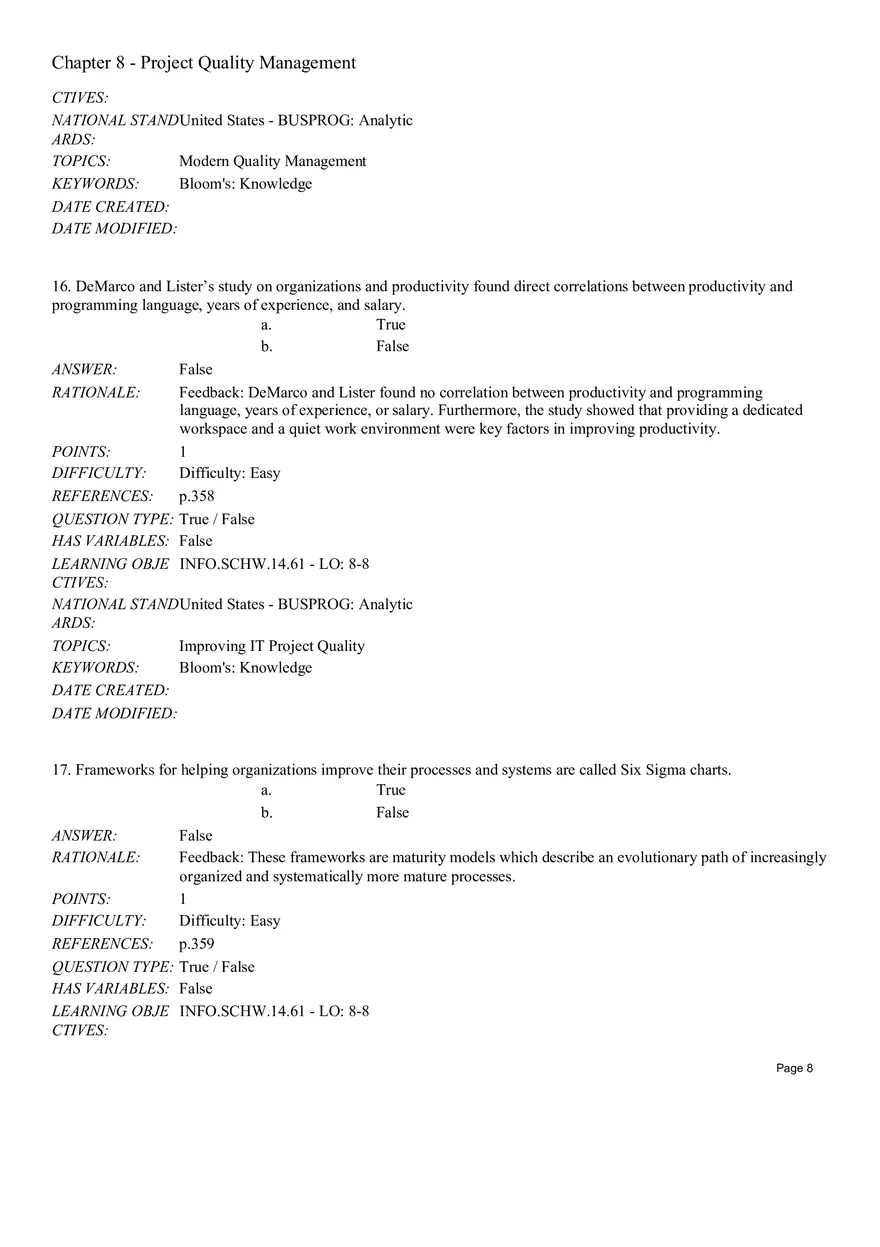 Chapter 8 Project Quality Management True False - Page 8