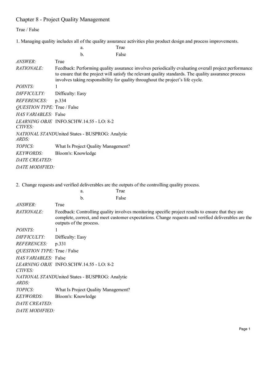 Chapter 8 Project Quality Management True False - Page 1