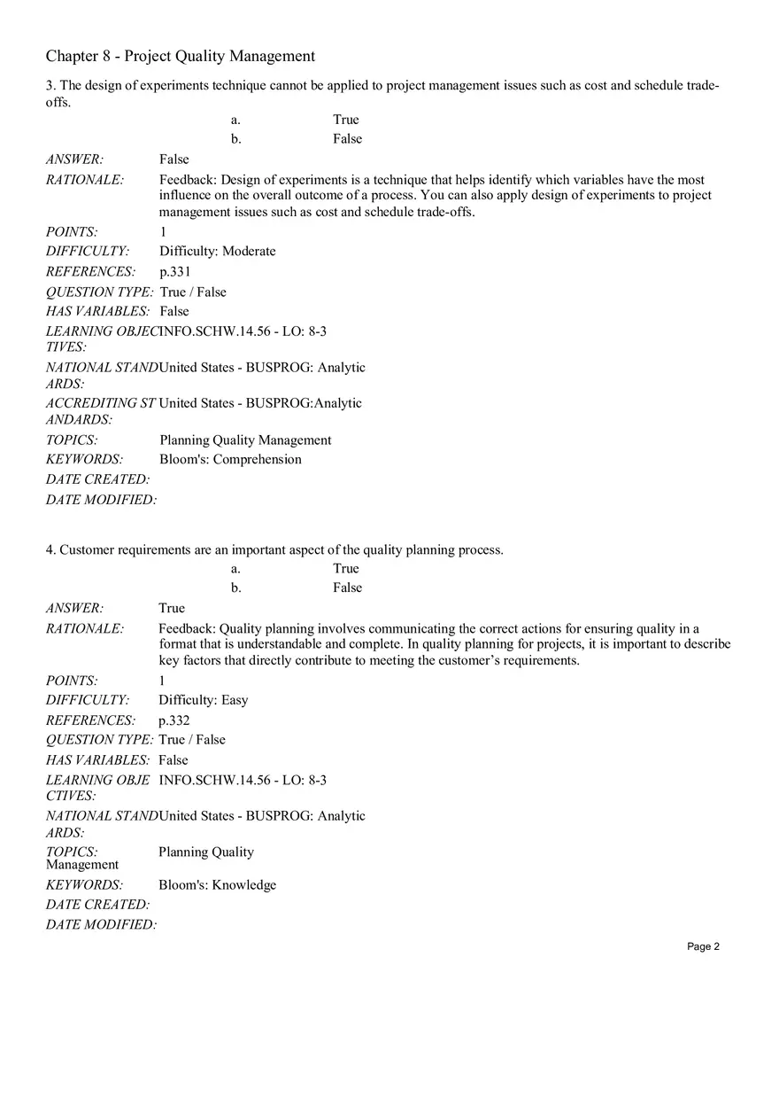 Chapter 8 Project Quality Management True False - Page 2