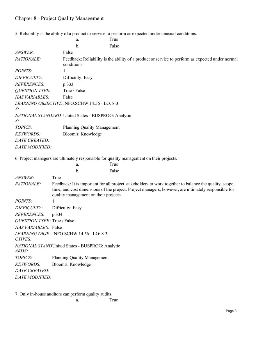 Chapter 8 Project Quality Management True False - Page 3