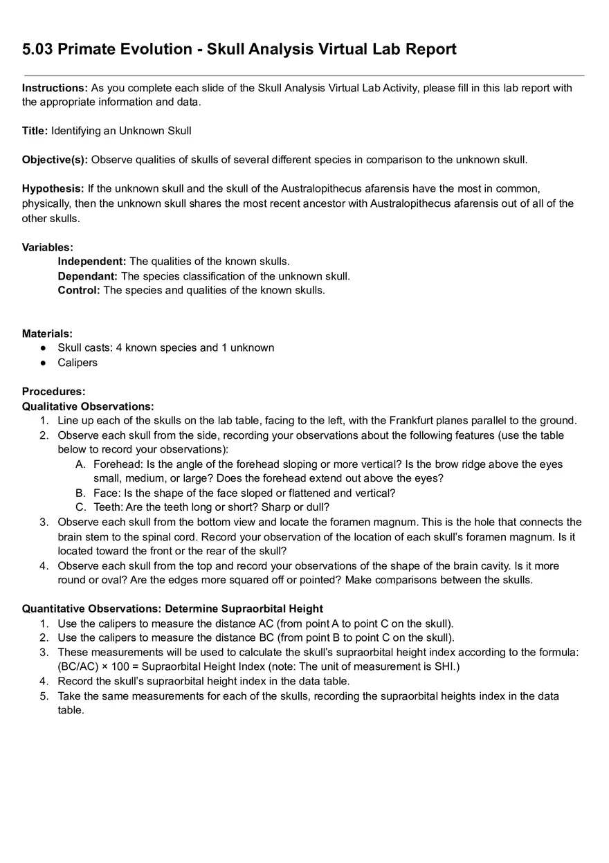Primate Evolution - Skull Analysis Virtual Lab - Page 1