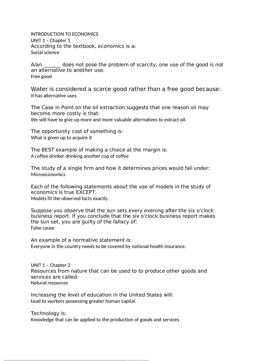 Unit 1 Introduction to Economics Answers - Page 1