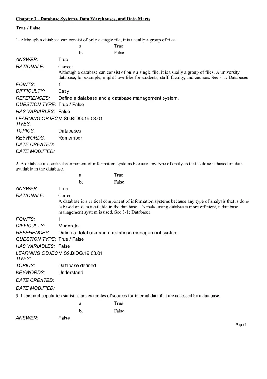 Chapter 3 Database Systems, Data Warehouses, and Data Marts True False - Page 1