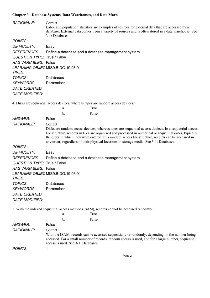 Chapter 3 Database Systems, Data Warehouses, and Data Marts True False - Page 2