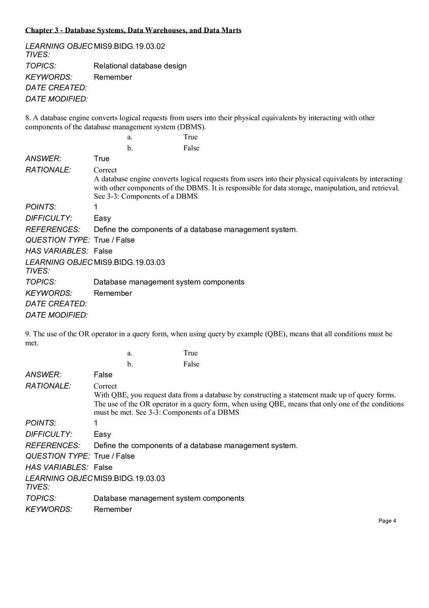 Chapter 3 Database Systems, Data Warehouses, and Data Marts True False - Page 4