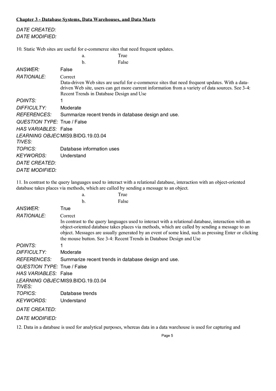 Chapter 3 Database Systems, Data Warehouses, and Data Marts True False - Page 5
