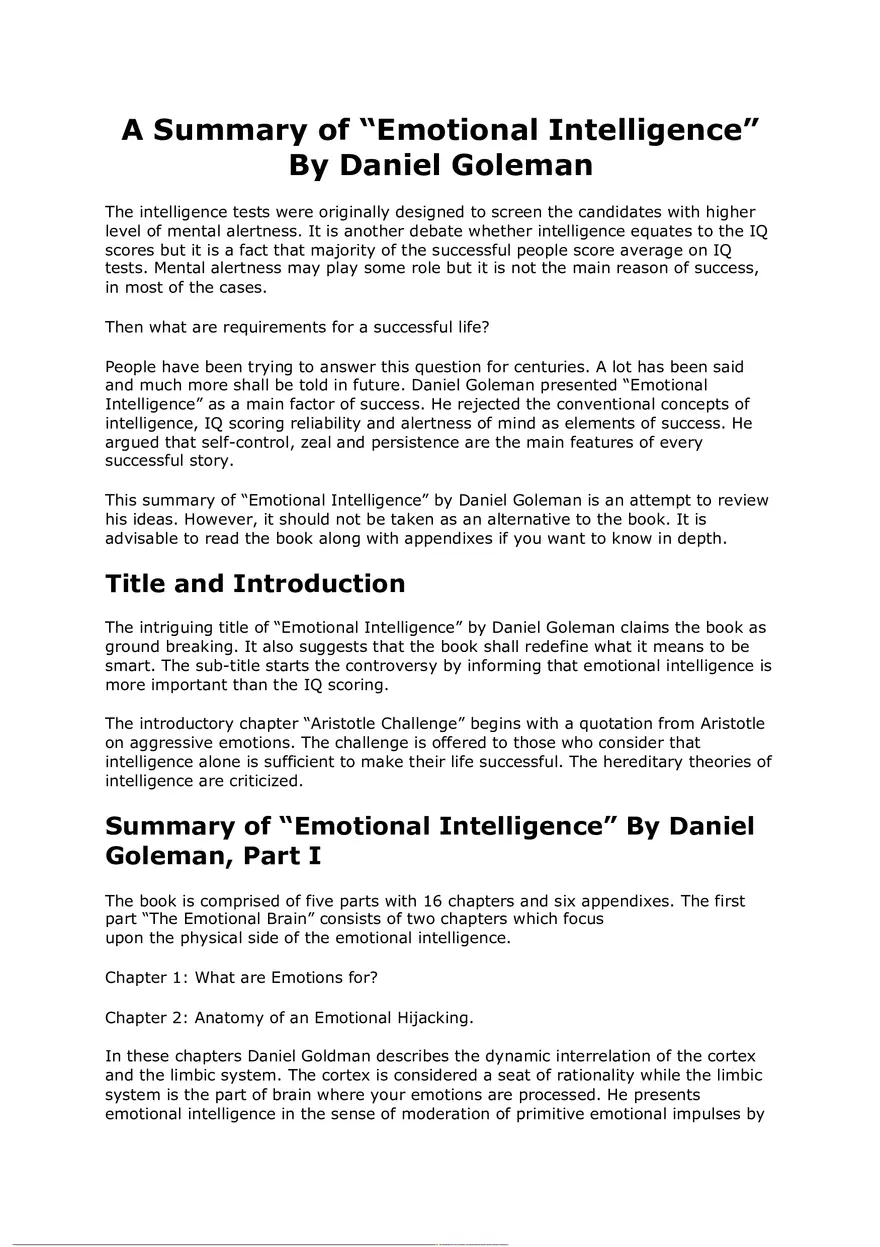 A Summary of Emotional Intelligence - Page 1