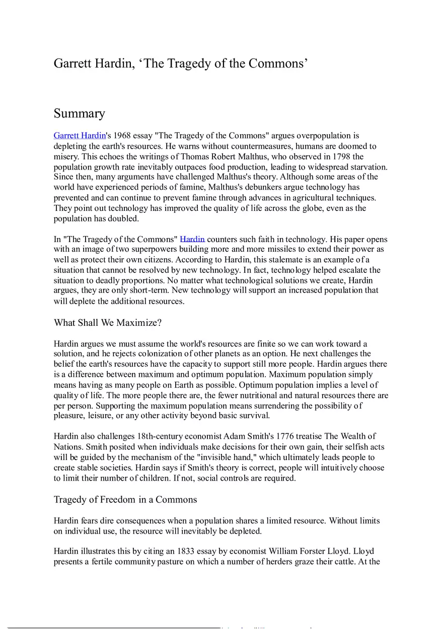 Garrett Hardin The Tragedy of the Commons Summary - Page 1