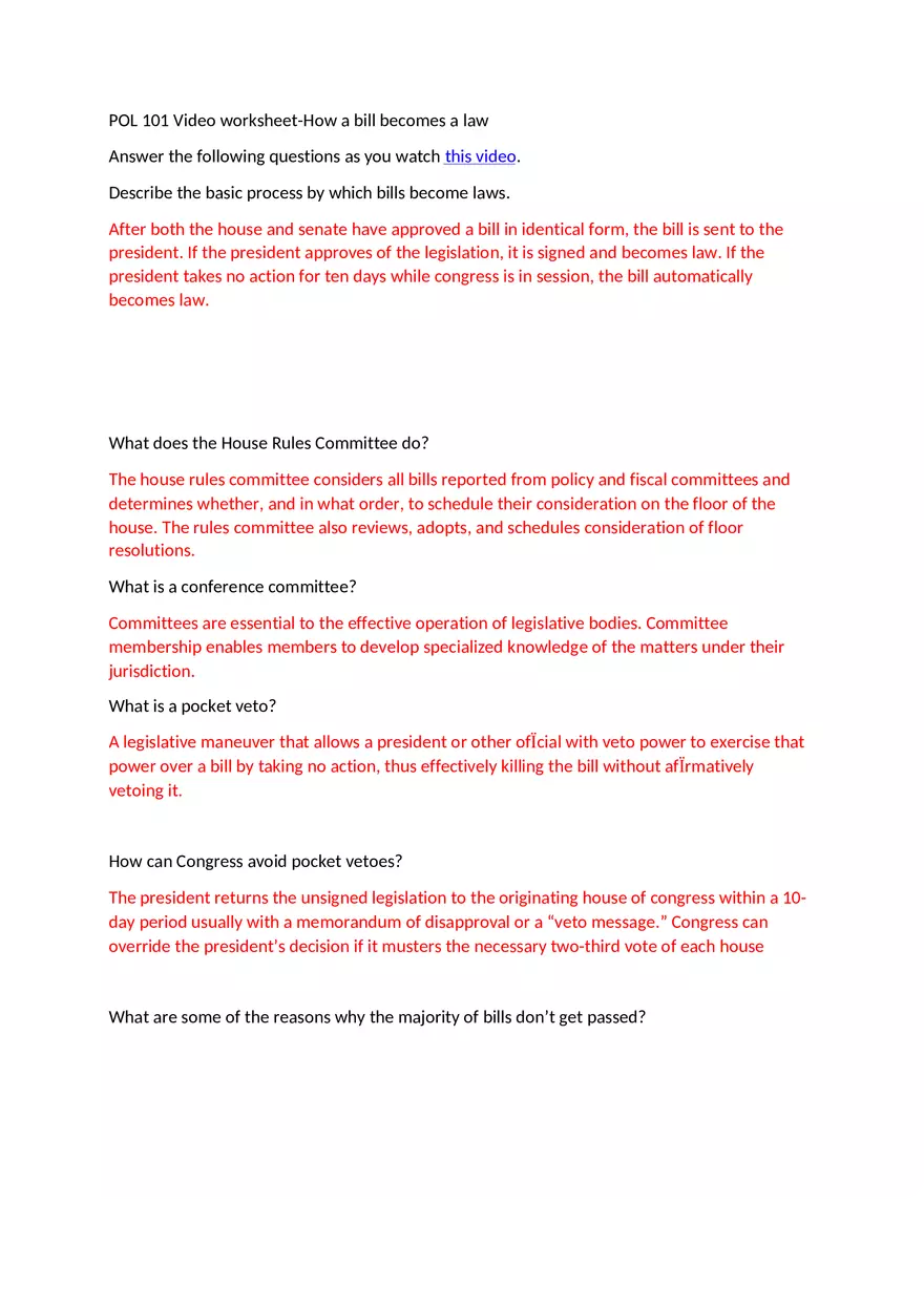Describe the Basic Process by Which Bills Become Laws Answers - Page 1