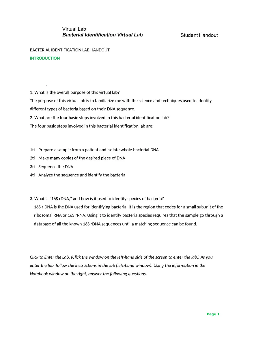 Bacterial Identification Virtual Lab - Page 1