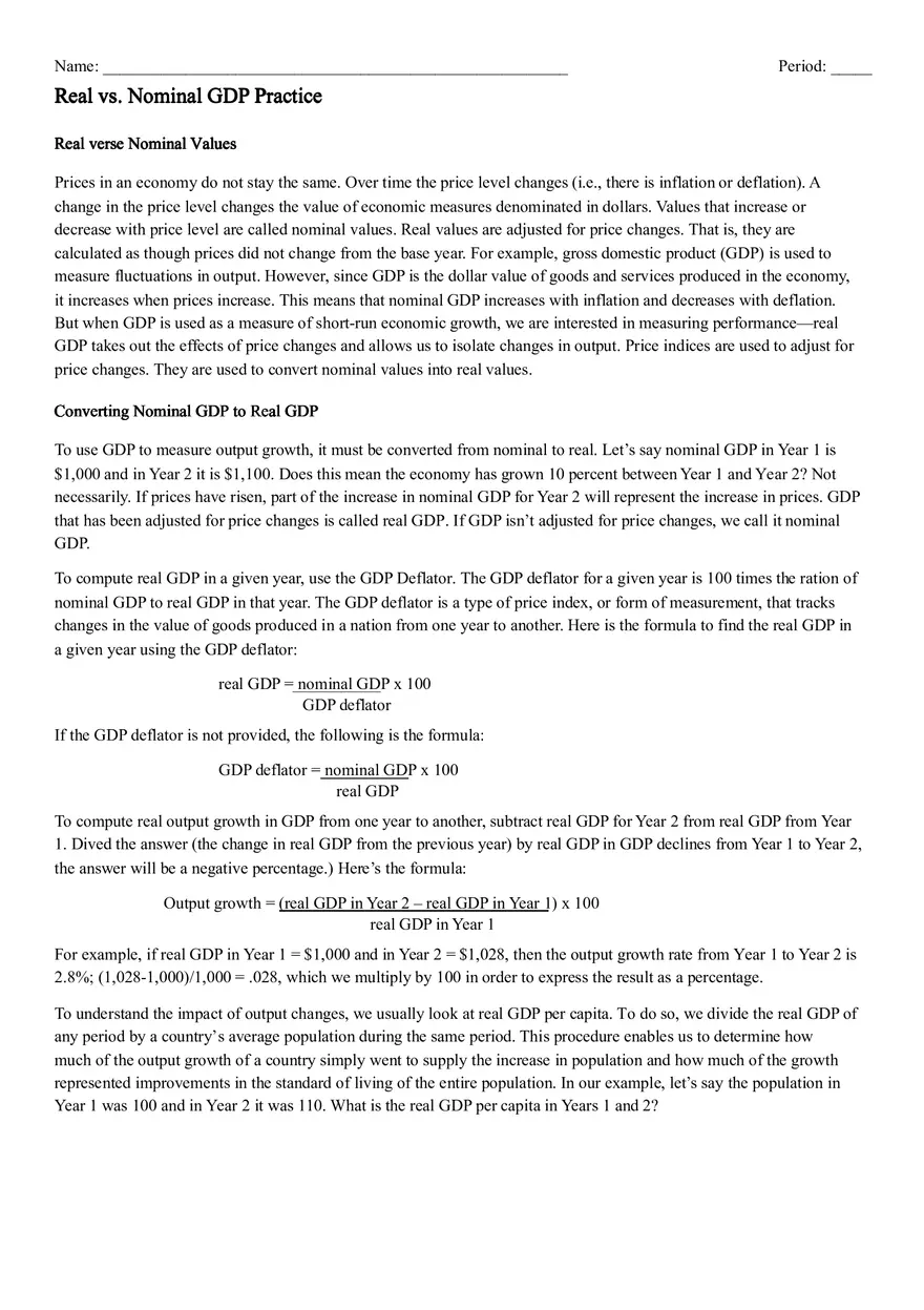 Real vs. Nominal GDP Practice - Page 1