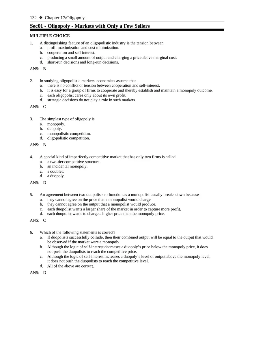 Chapter 17 Oligopoly Sec01 Multiple Choice - Page 1