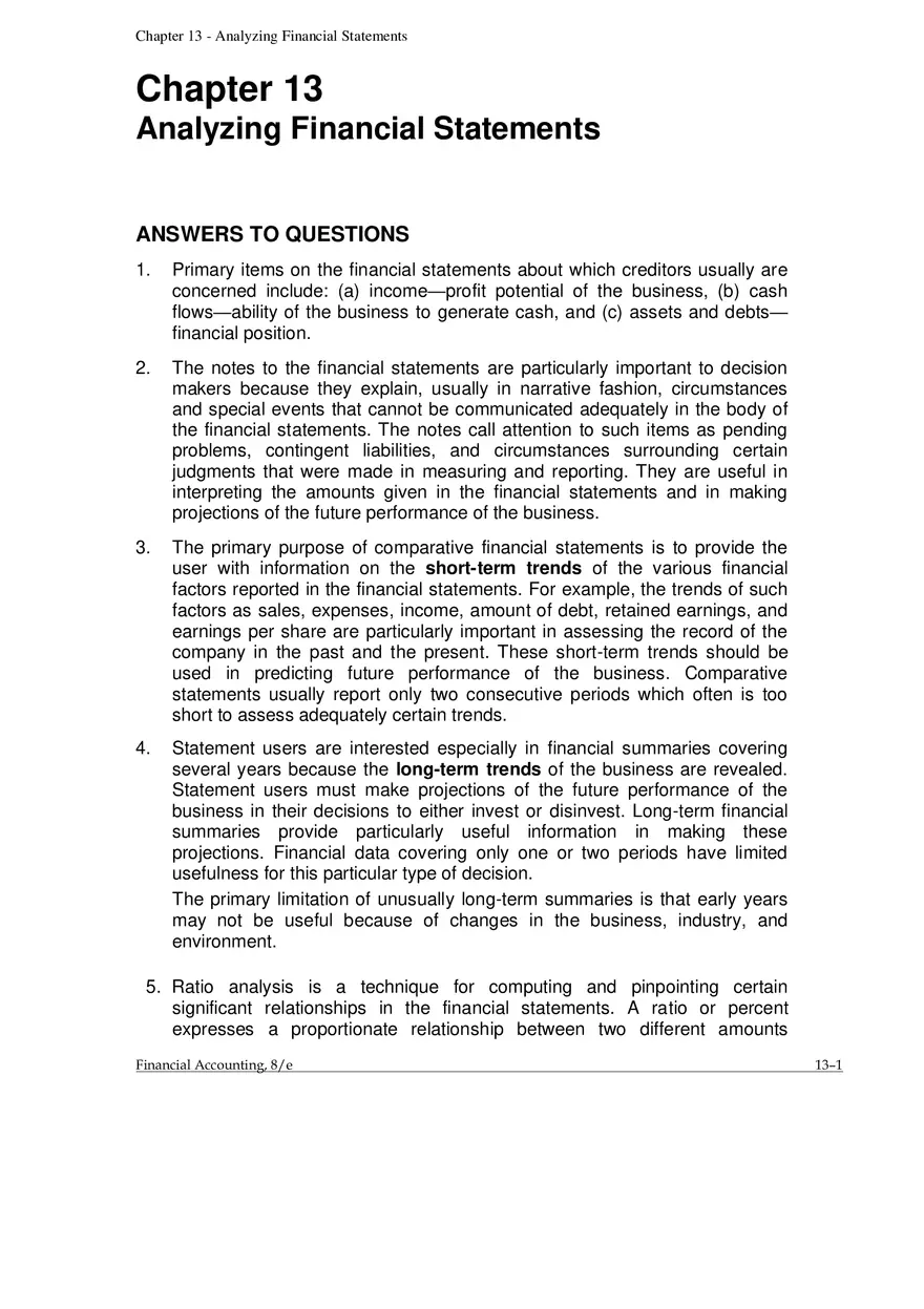 Chapter 13 Analyzing Financial Statements Answers to Questions - Page 1