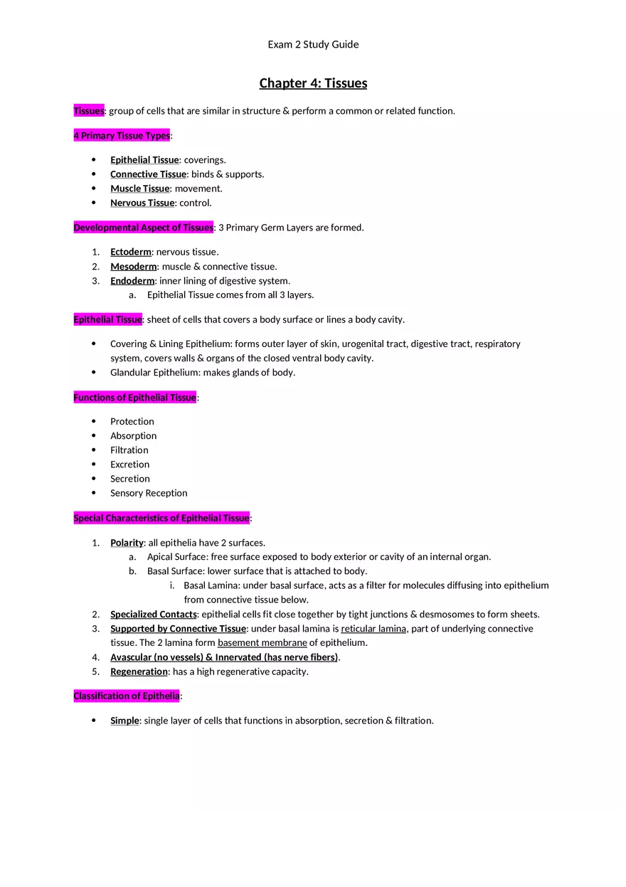 Exam 2 Study Guide Chapter 4 Tissues - Page 1