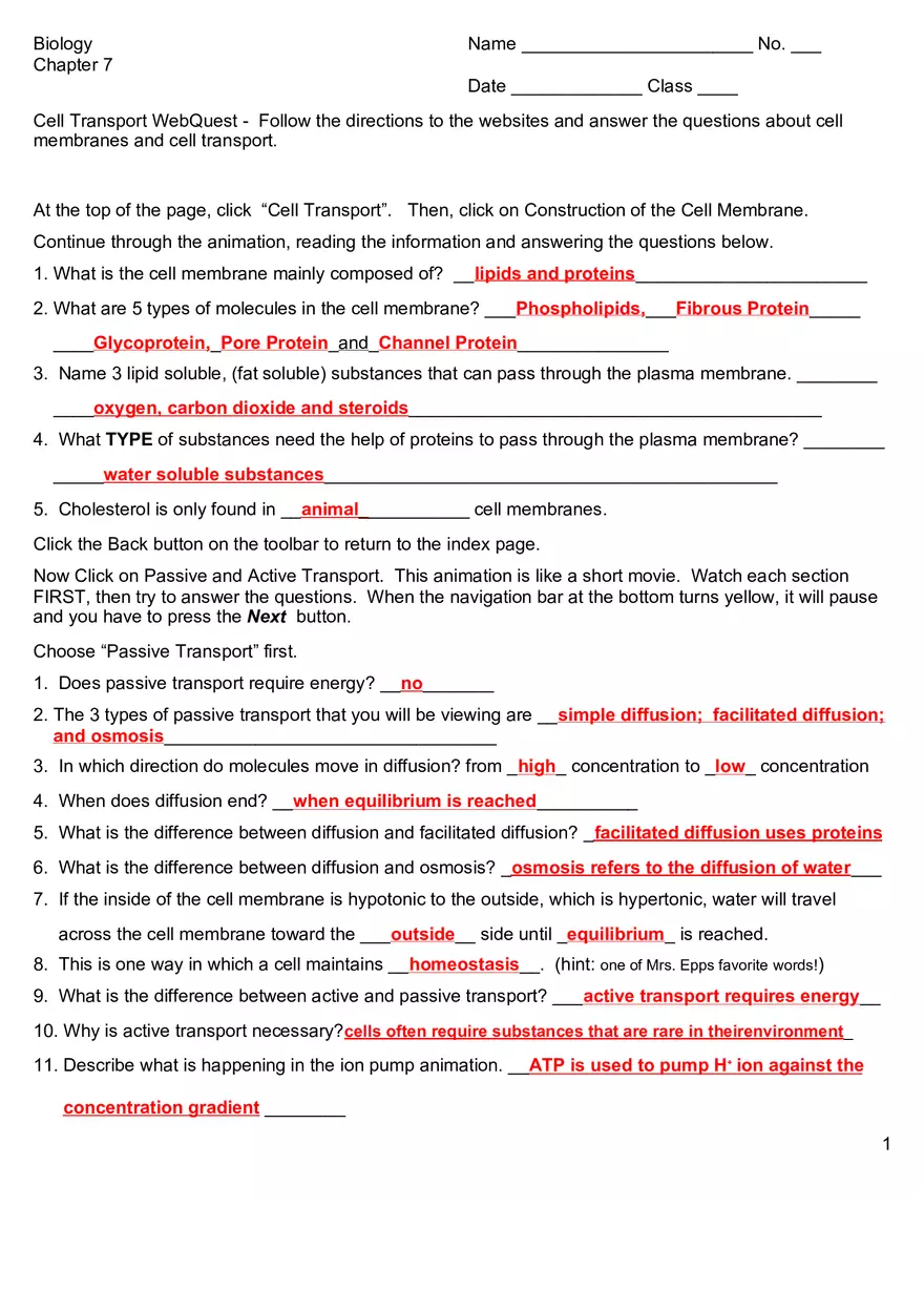 Cell Transport WebQuest Answers - Page 1
