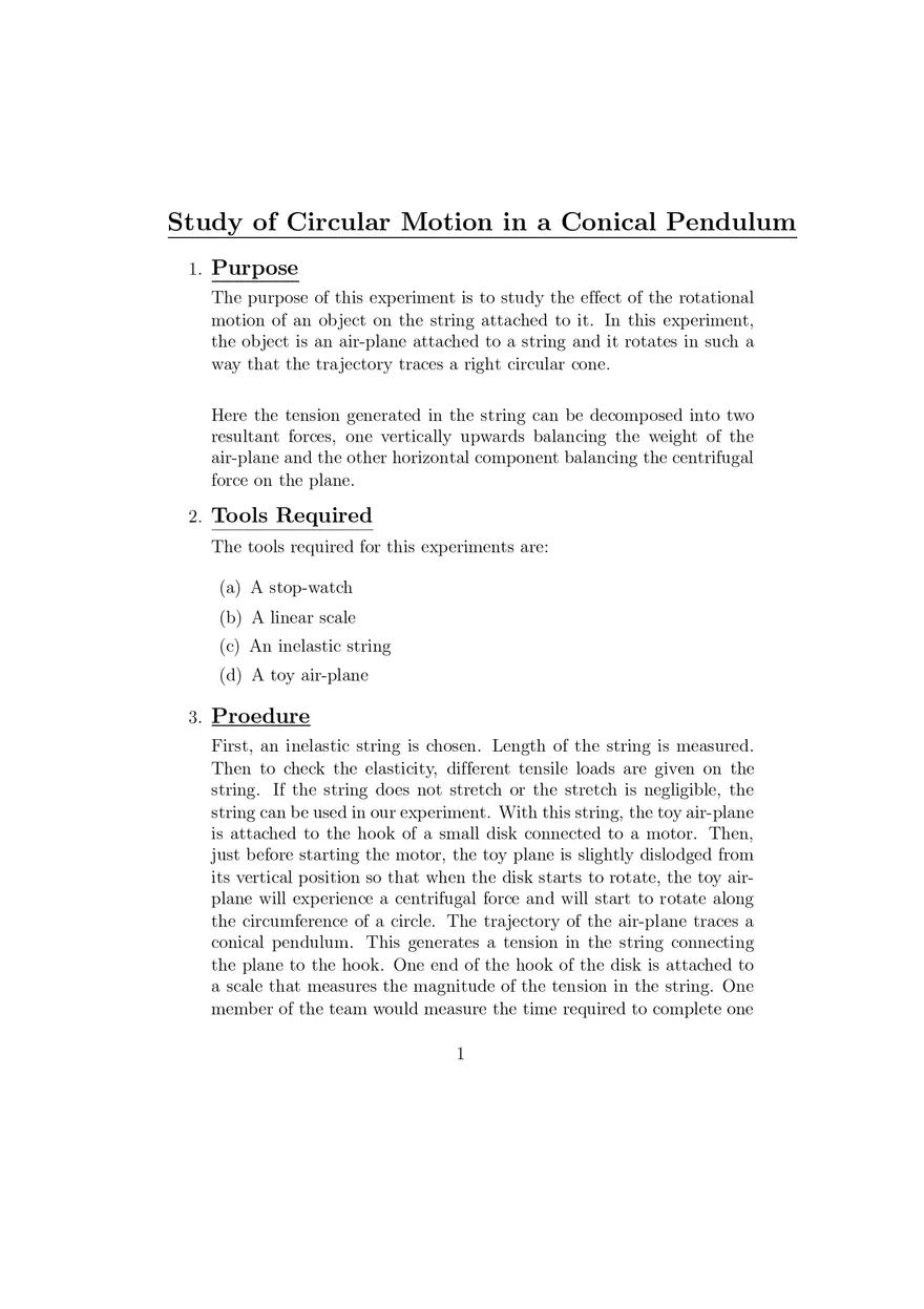 Study of Circular Motion in a Conical Pendulum - Page 1