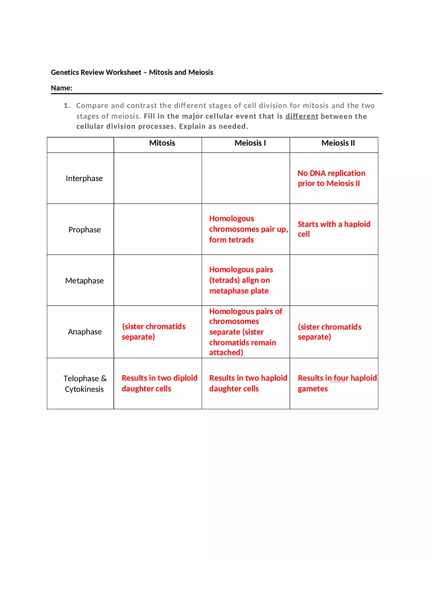 Genetics Review Worksheet Mitosis and Meiosis - Page 1