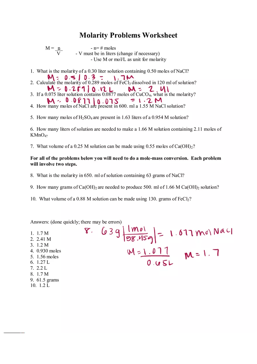 Molarity Problems Worksheet - Page 1