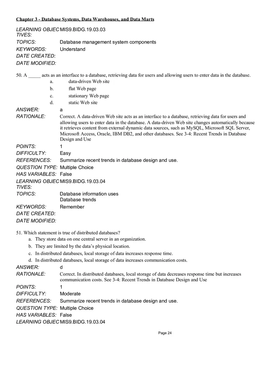 Chapter 3 Database Systems, Data Warehouses, and Data Marts Multiple Choice - Page 9