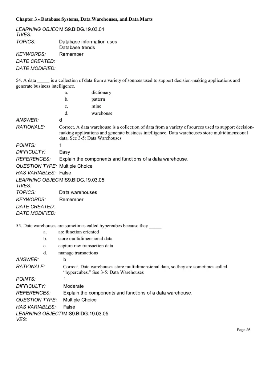 Chapter 3 Database Systems, Data Warehouses, and Data Marts Multiple Choice - Page 11