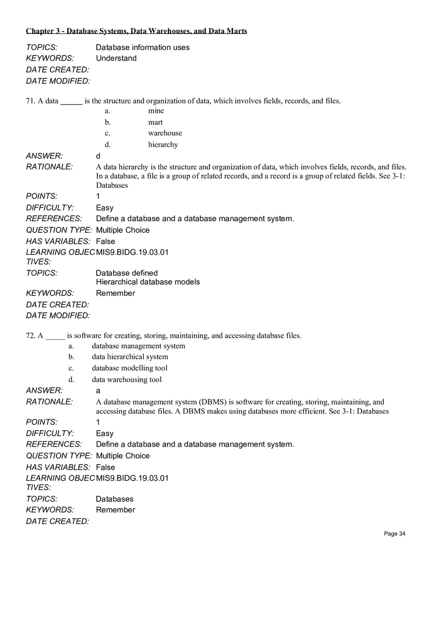 Chapter 3 Database Systems, Data Warehouses, and Data Marts Multiple Choice - Page 20