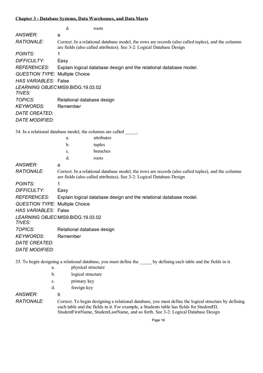Chapter 3 Database Systems, Data Warehouses, and Data Marts Multiple Choice - Page 33