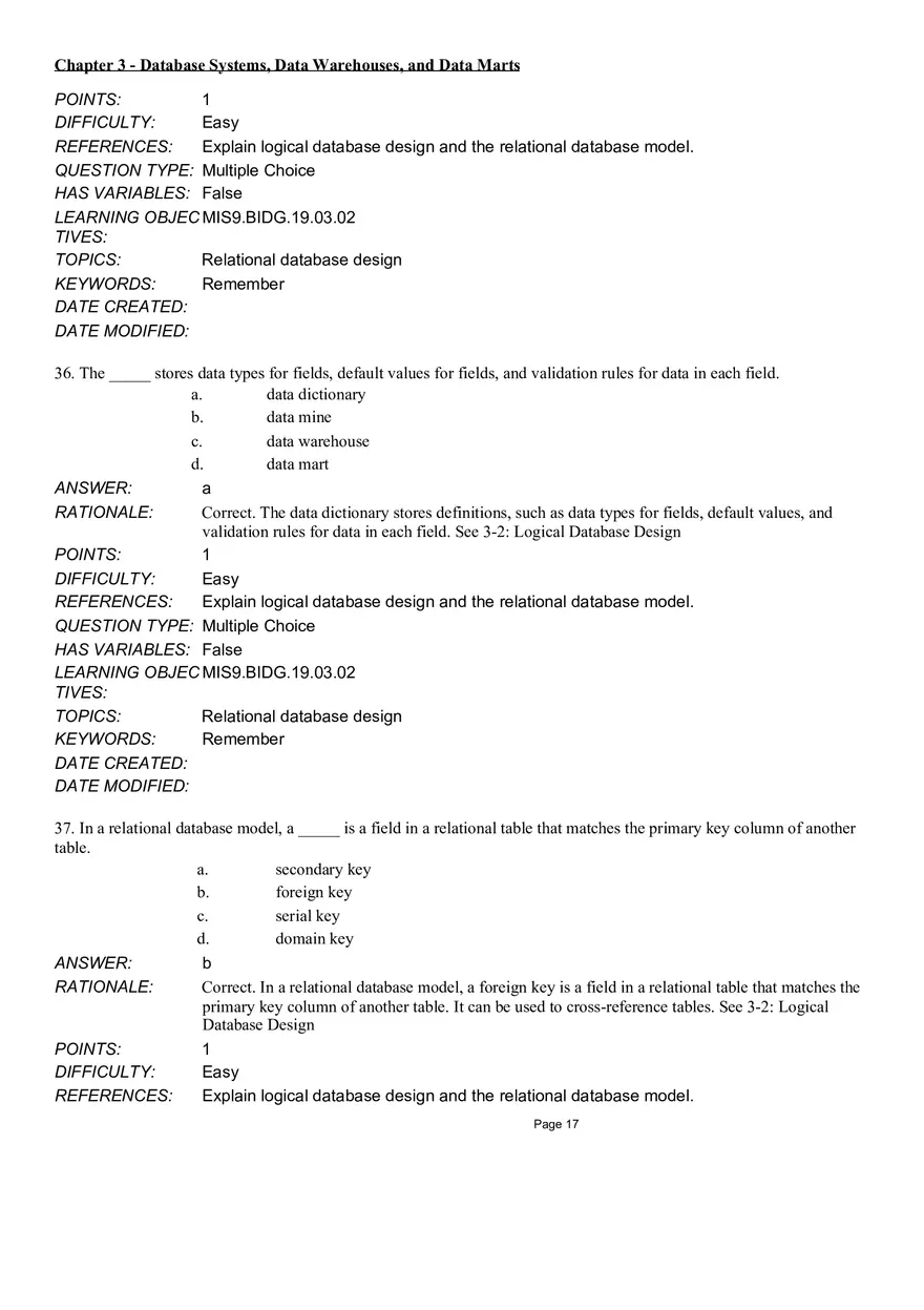 Chapter 3 Database Systems, Data Warehouses, and Data Marts Multiple Choice - Page 34
