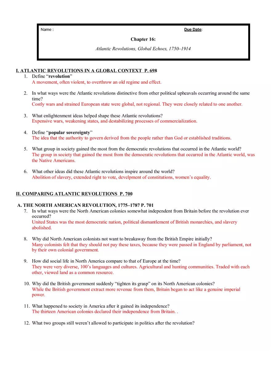 Chapter 16 Atlantic Revolutions, Global Echoes Answers - Page 1