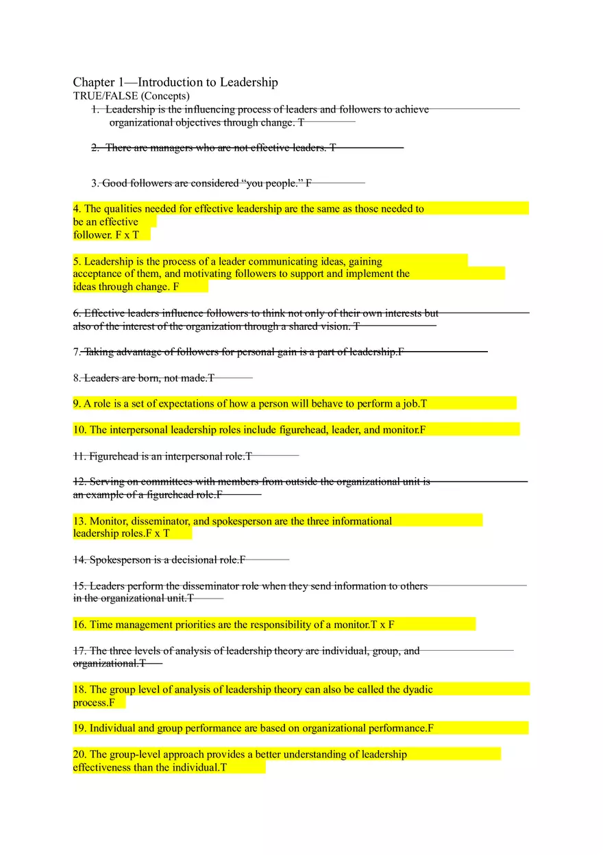 Chapter 1 Introduction to Leadership True False - Page 1