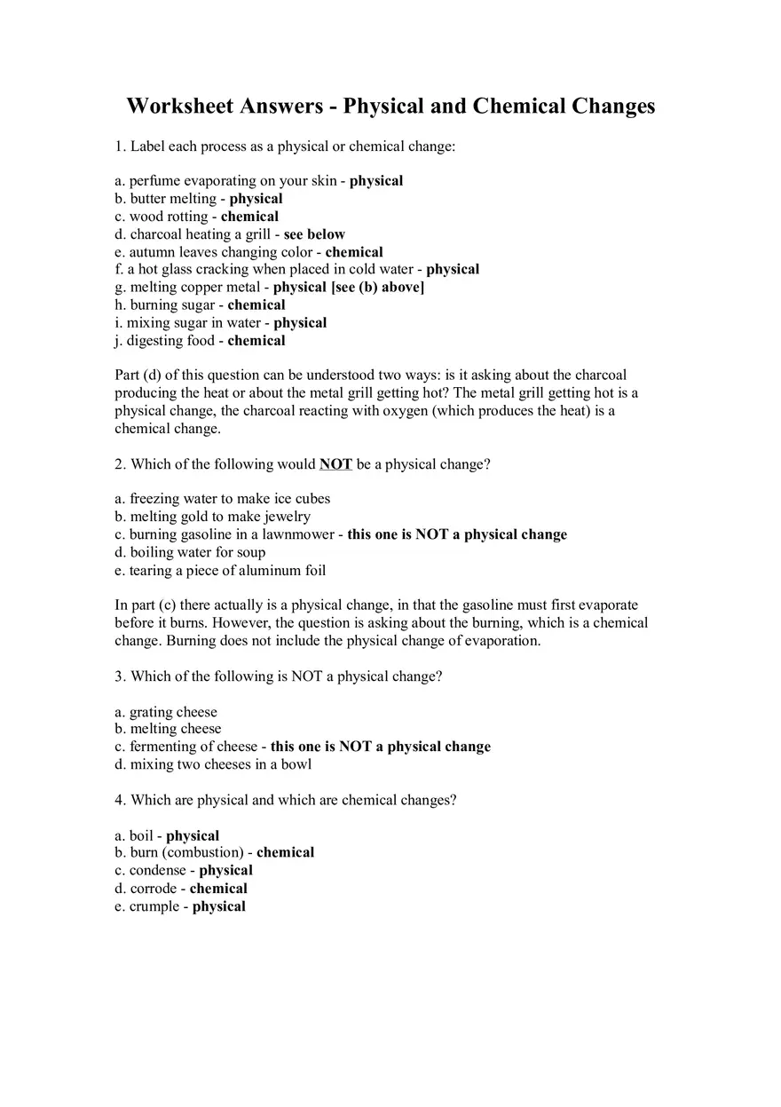 Worksheet Answers - Physical and Chemical Changes - Page 1