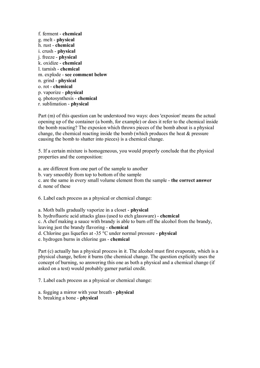 Worksheet Answers - Physical and Chemical Changes - Page 2