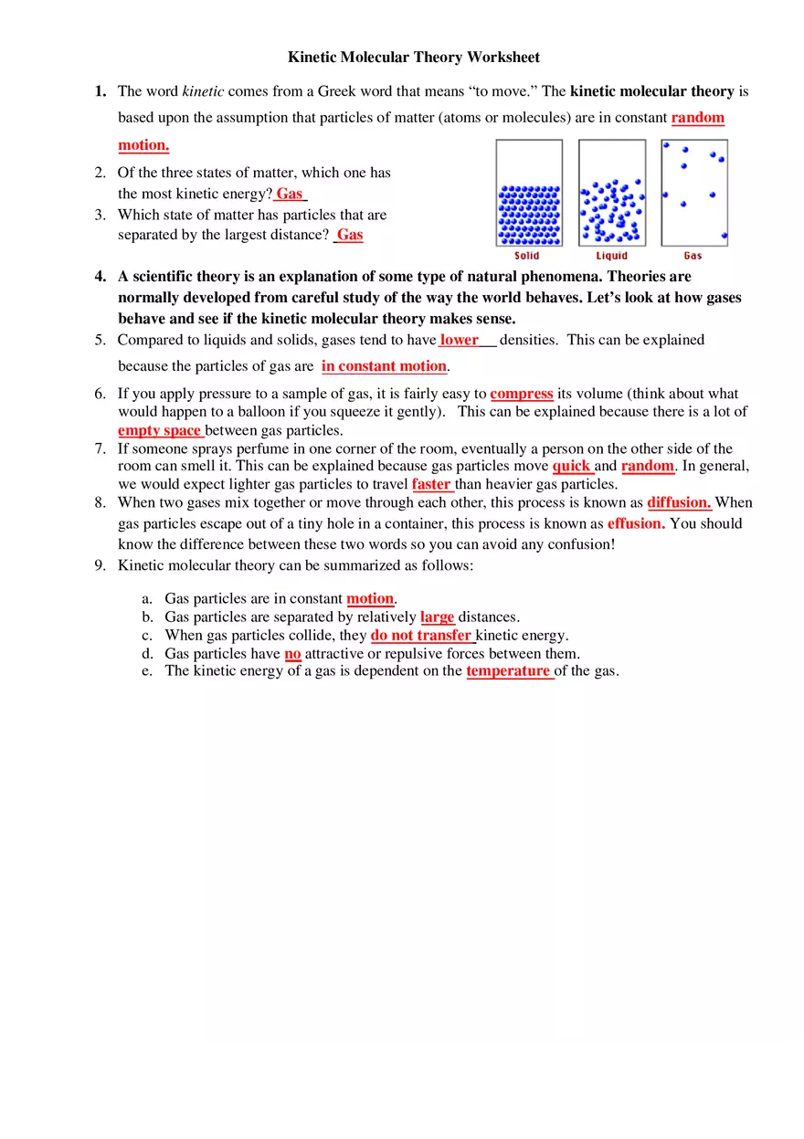 Kinetic Molecular Theory Worksheet - Page 1