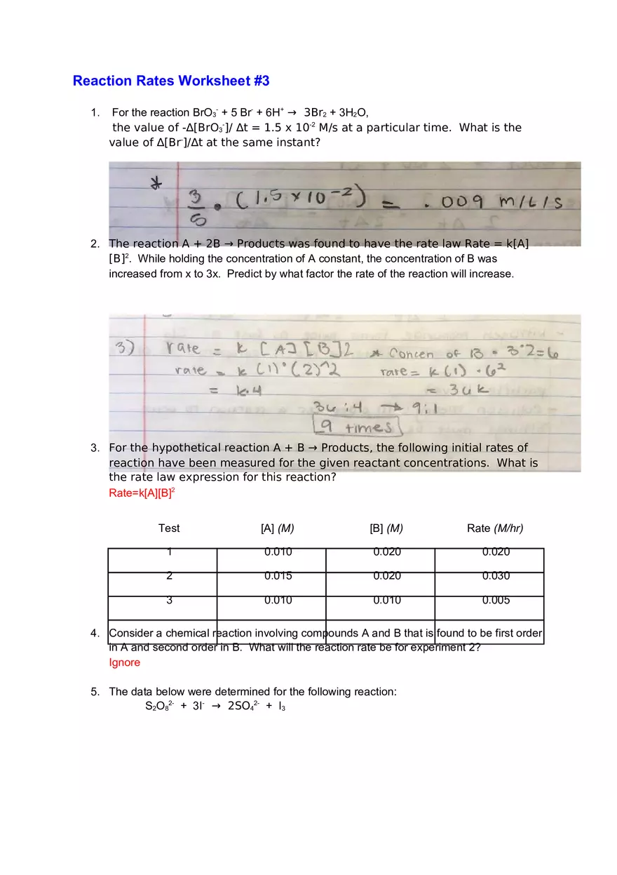 Reaction Rates Worksheet #3 - Page 1