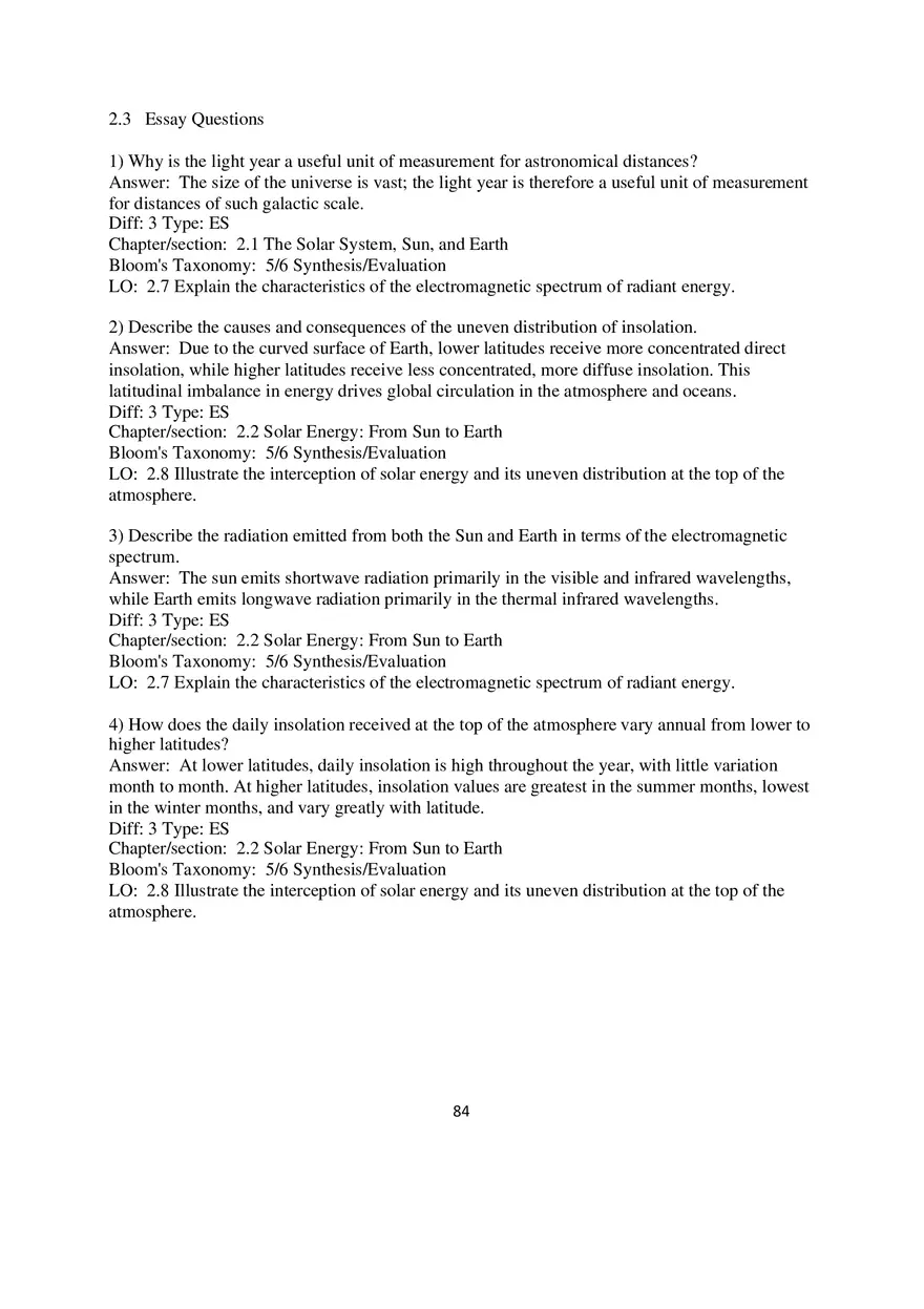 Chapter 2 Solar Energy to Earth and the Seasons Essay Questions - Page 1