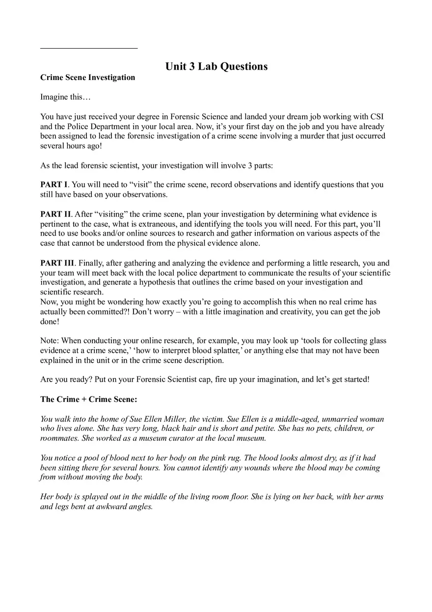 Unit 3 Lab Questions Crime Scene Investigation - Page 1