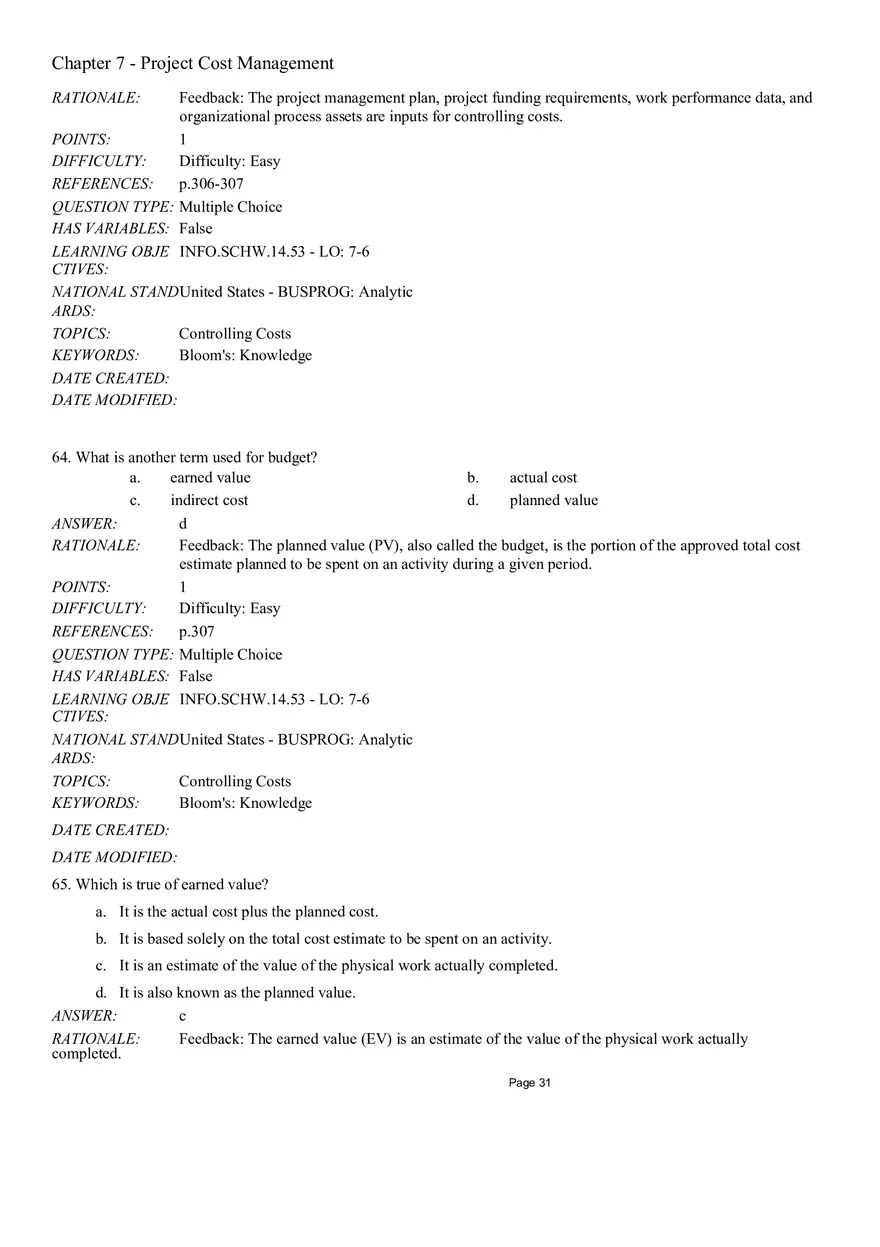 Chapter 7 Project Cost Management Multiple Choice - Page 9