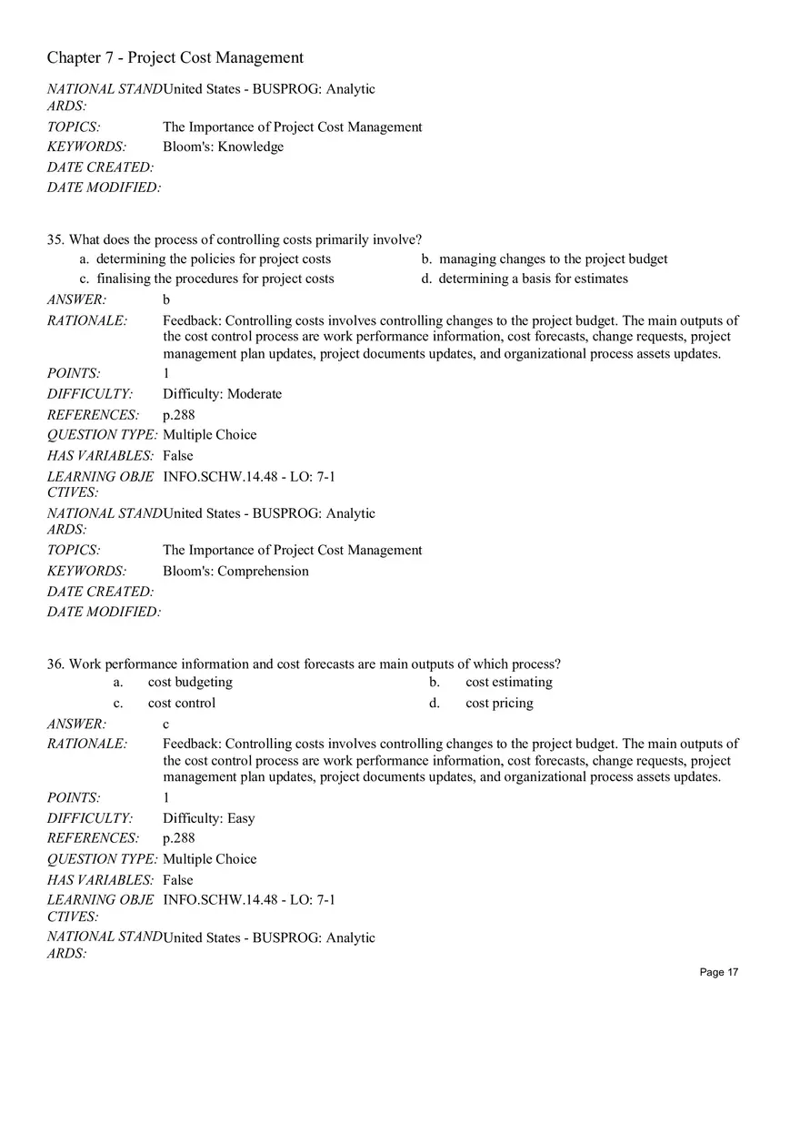 Chapter 7 Project Cost Management Multiple Choice - Page 13