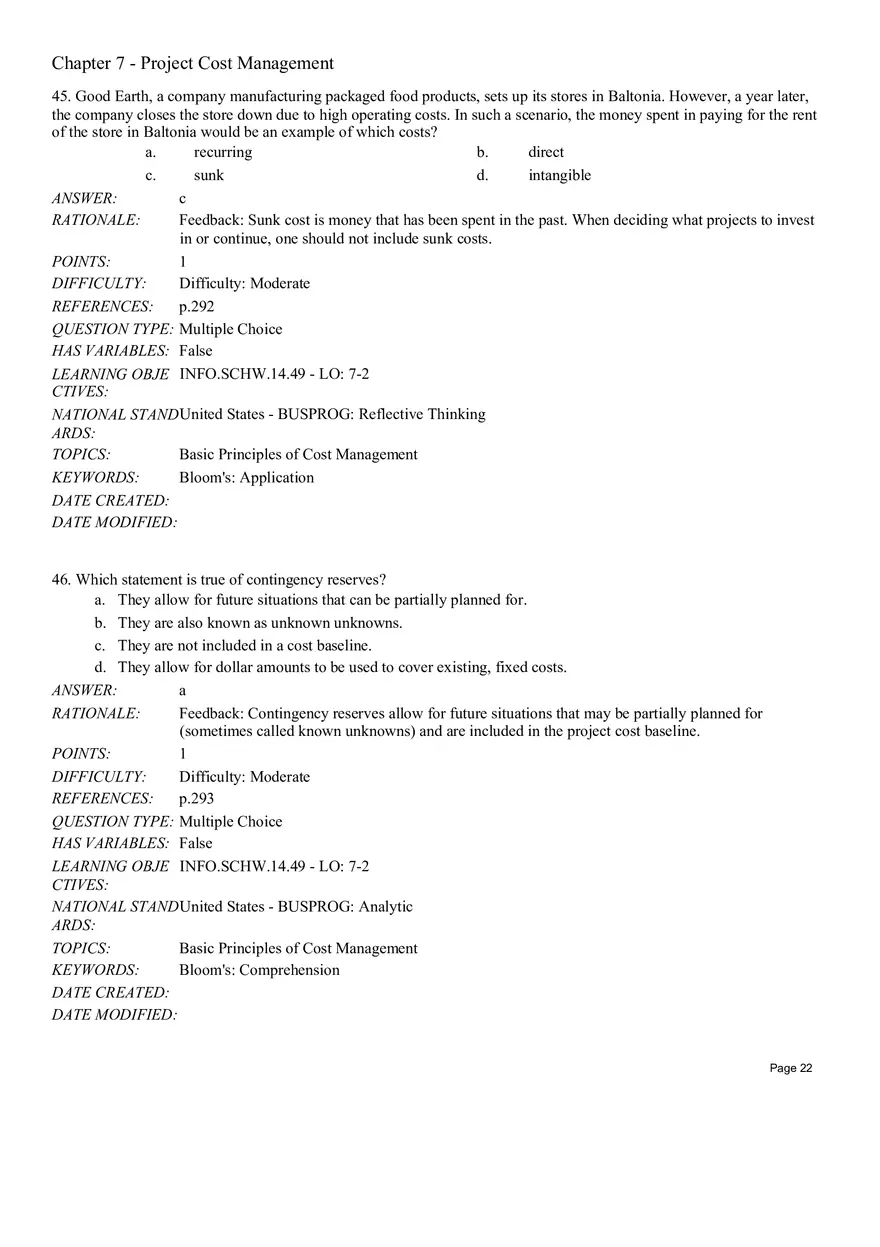 Chapter 7 Project Cost Management Multiple Choice - Page 18
