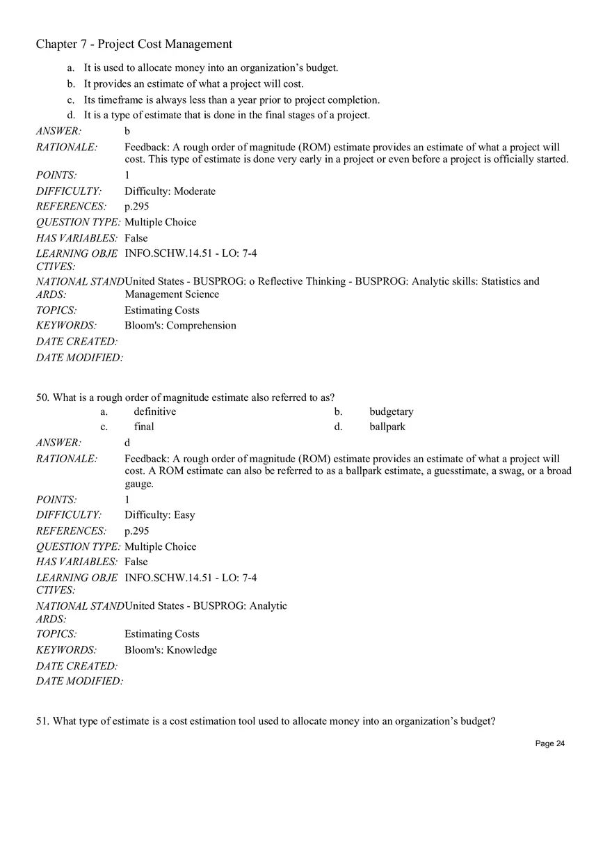 Chapter 7 Project Cost Management Multiple Choice - Page 20