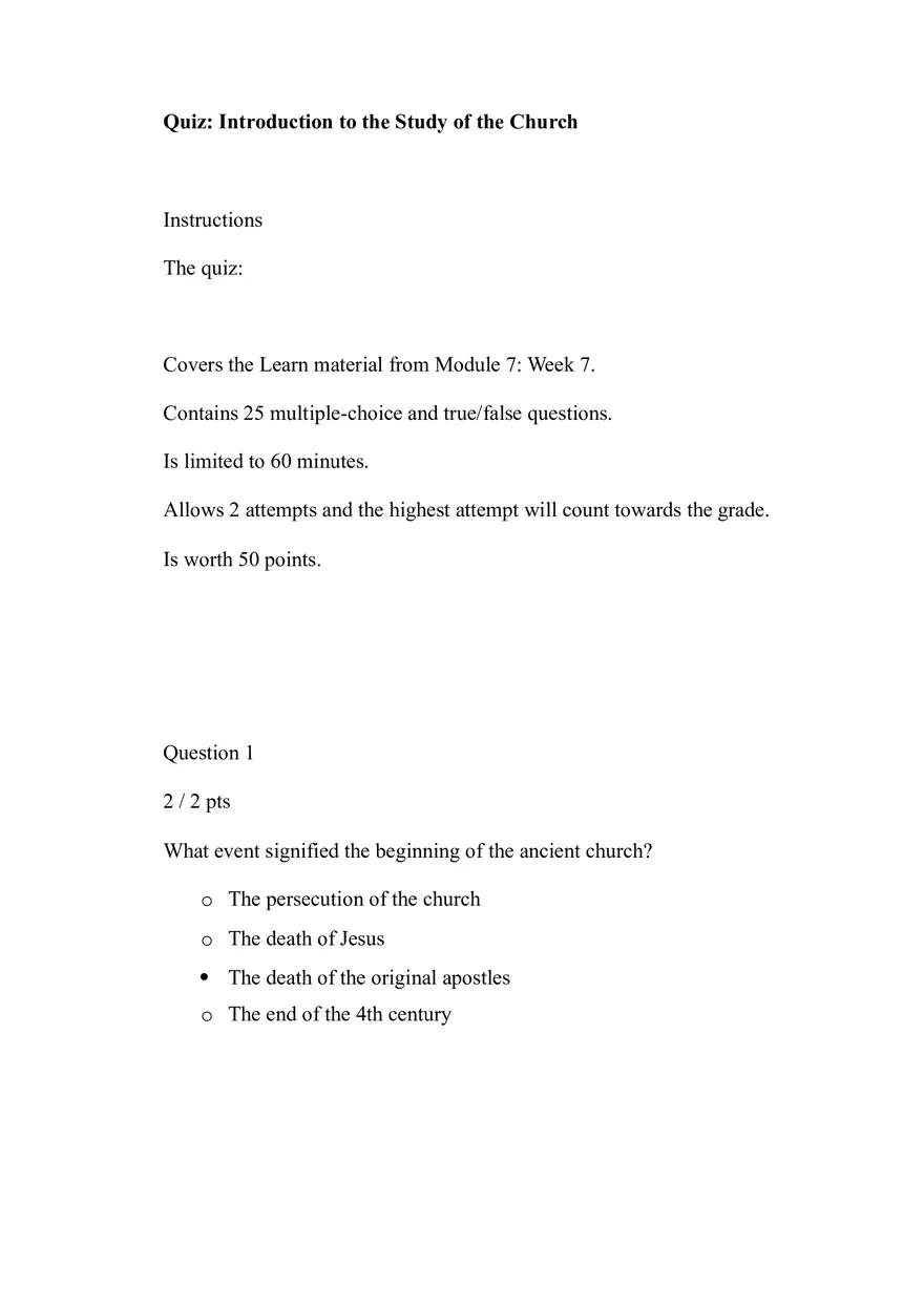 Quiz Introduction to the Study of the Church - Page 1