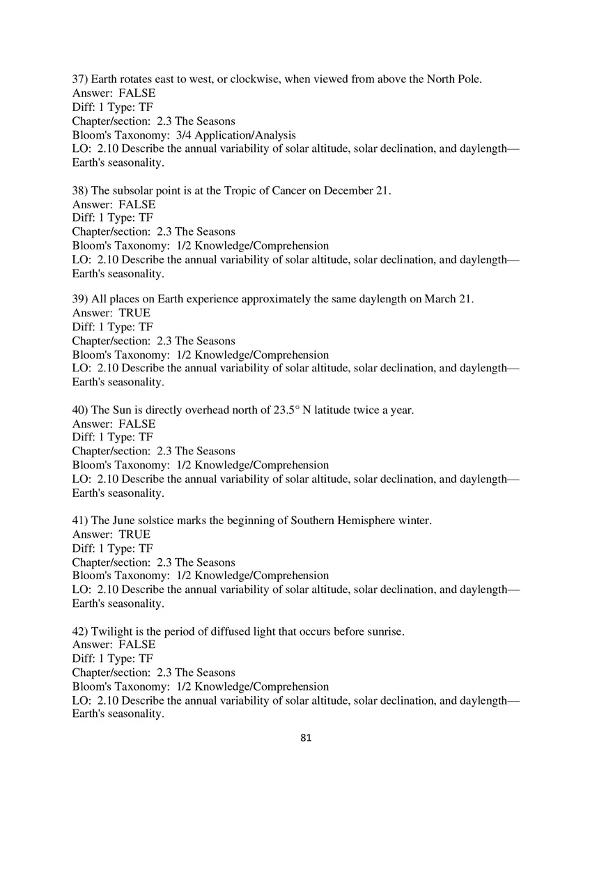 Chapter 2 Solar Energy to Earth and the Seasons True False - Page 7