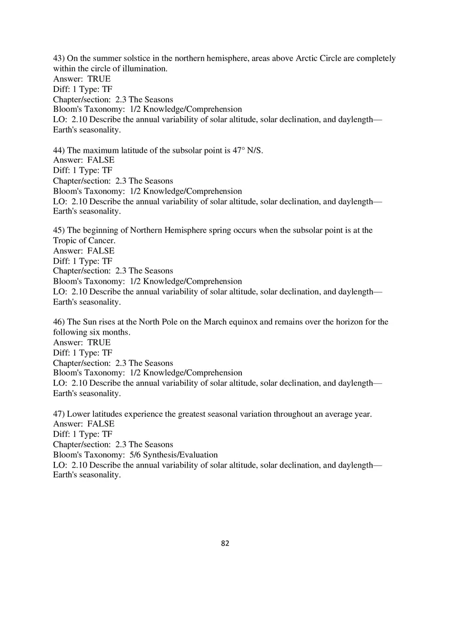 Chapter 2 Solar Energy to Earth and the Seasons True False - Page 8