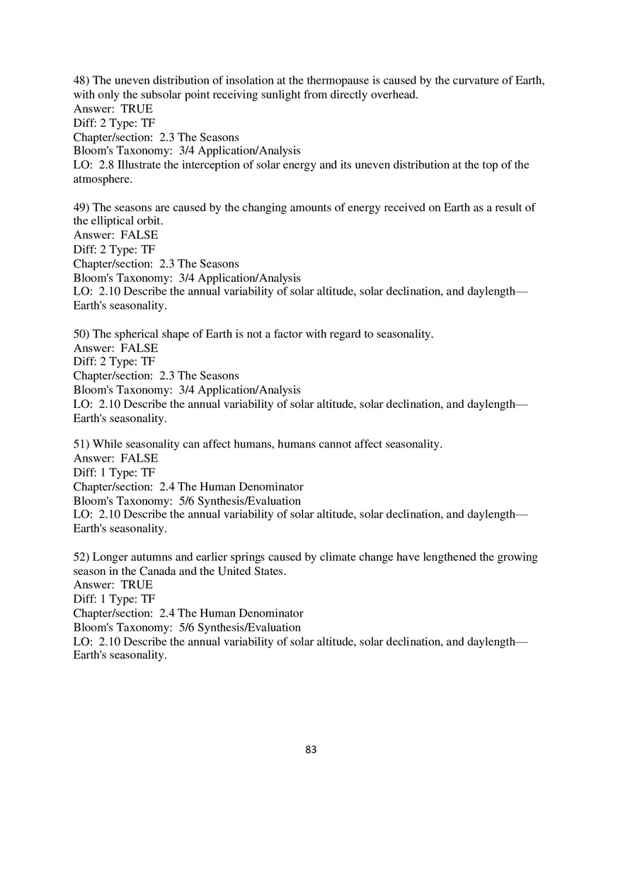 Chapter 2 Solar Energy to Earth and the Seasons True False - Page 9