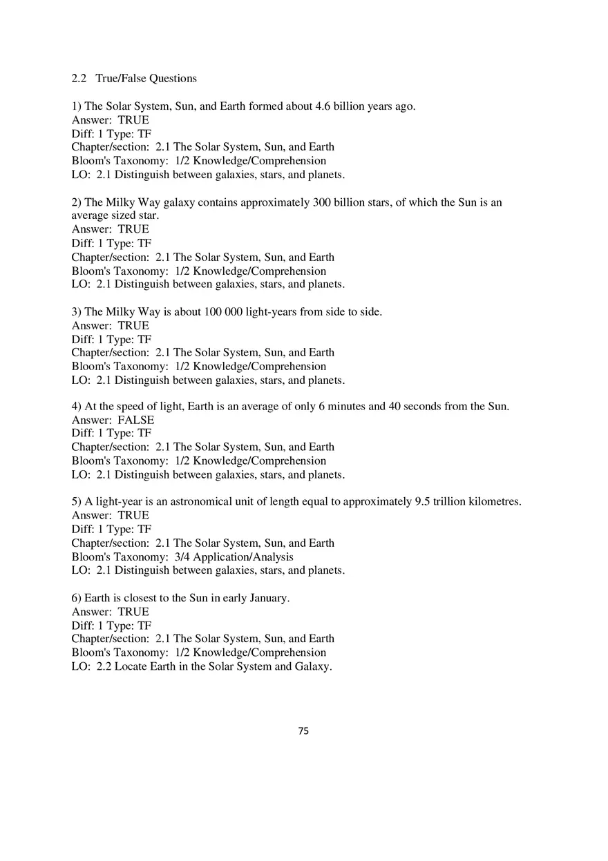 Chapter 2 Solar Energy to Earth and the Seasons True False - Page 1