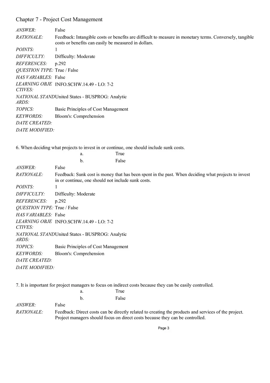 Chapter 7 Project Cost Management True False - Page 8