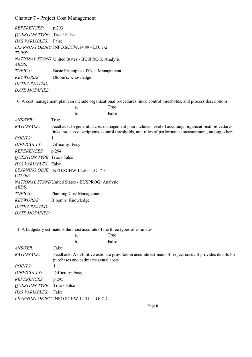 Chapter 7 Project Cost Management True False - Page 10