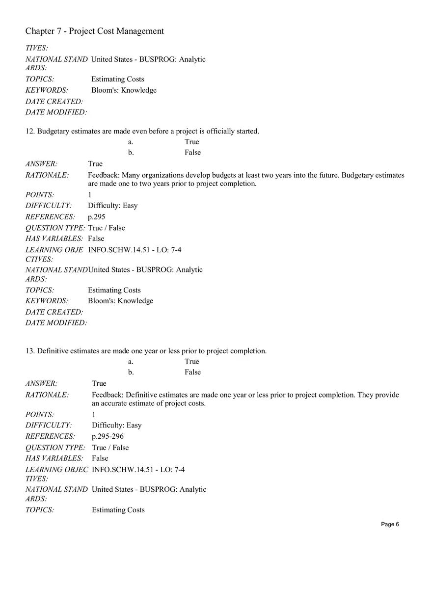 Chapter 7 Project Cost Management True False - Page 11