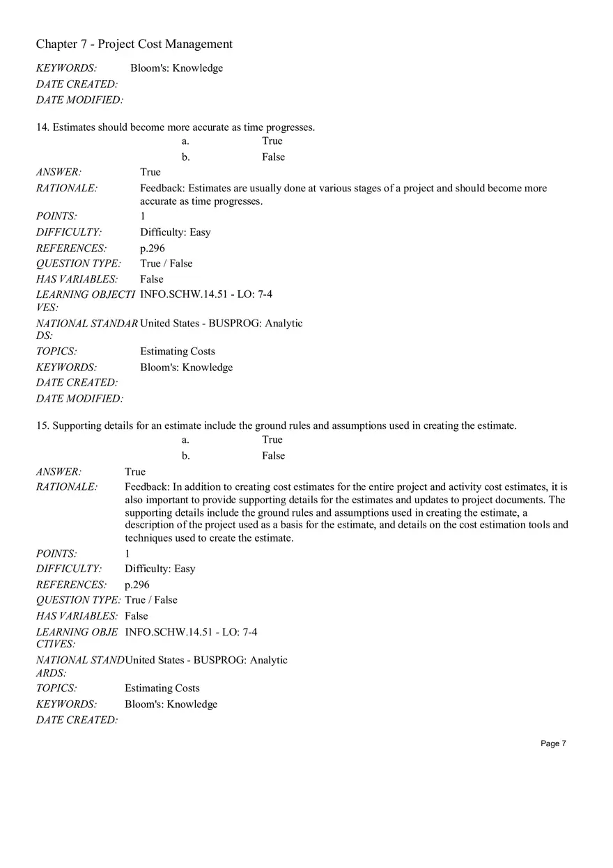 Chapter 7 Project Cost Management True False - Page 12